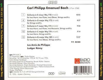 CARL PHILIPP EMANUEL BACH: SYMPHONIES, WQ 173, 174, 175, 178, 180 NEW CD