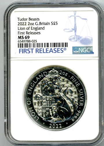 2022 2OZ SILVER GREAT BRITAIN NGC MS69 QUEEN'S TUDOR BEASTS LION OF ENGLAND - FR