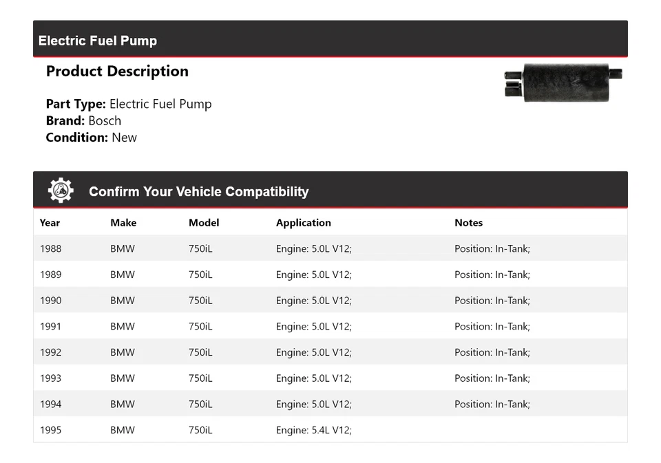 Bomba de combustible eléctrica Bosch para BMW 750iL 1988-1995 1989 1990 1991 1992 1993 1994 Foto 2 de 4