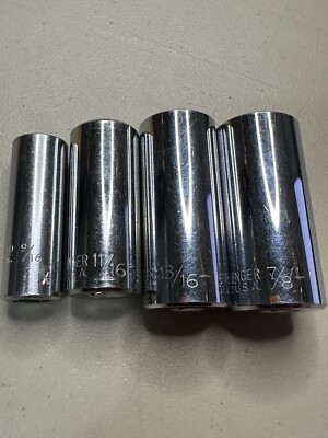 4 - Proto Challenger 7/8 13/16 11/16 9/16'' 12 Point 3/8'' Drive Deep Vintage