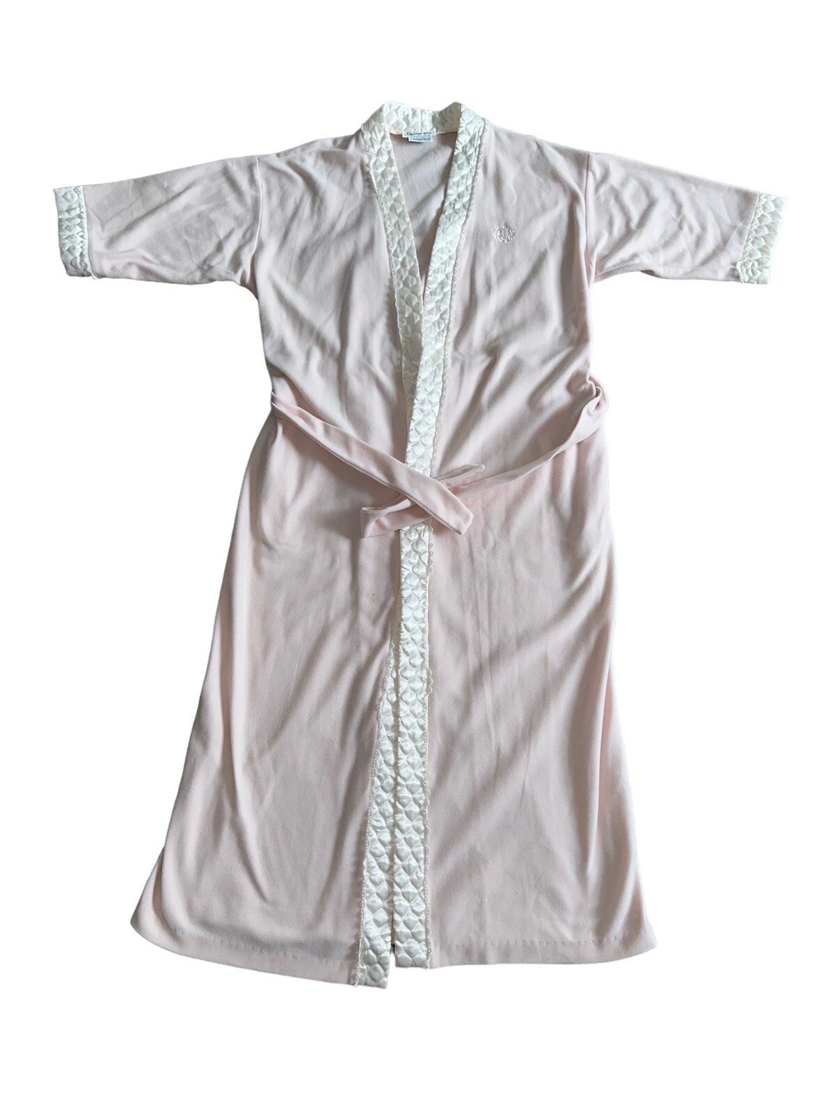 Peignoir vintage Christian Dior rose clair polaire blanc satin bordure matelassée enveloppante