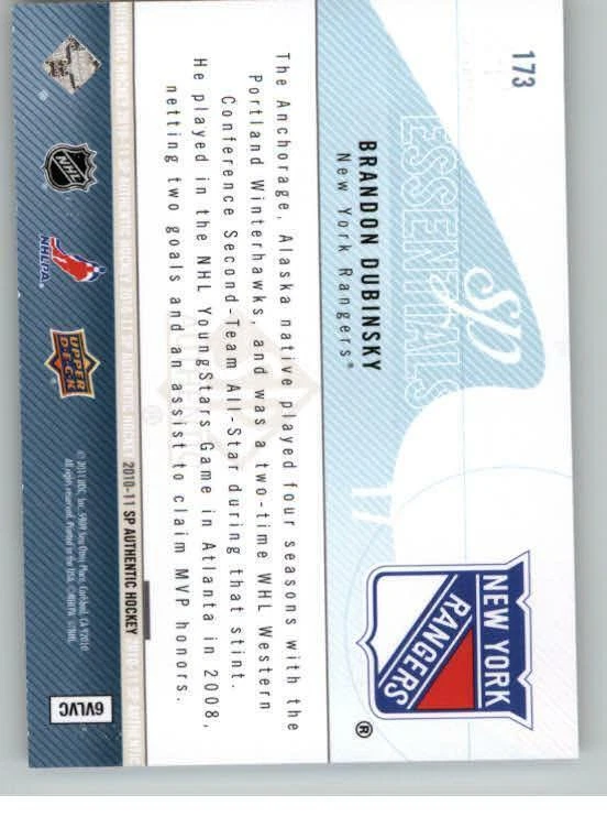 2010-11 SP Authentic #173 Brandon Dubinsky ESS 1999 (ref 127728) - Image 2 of 2