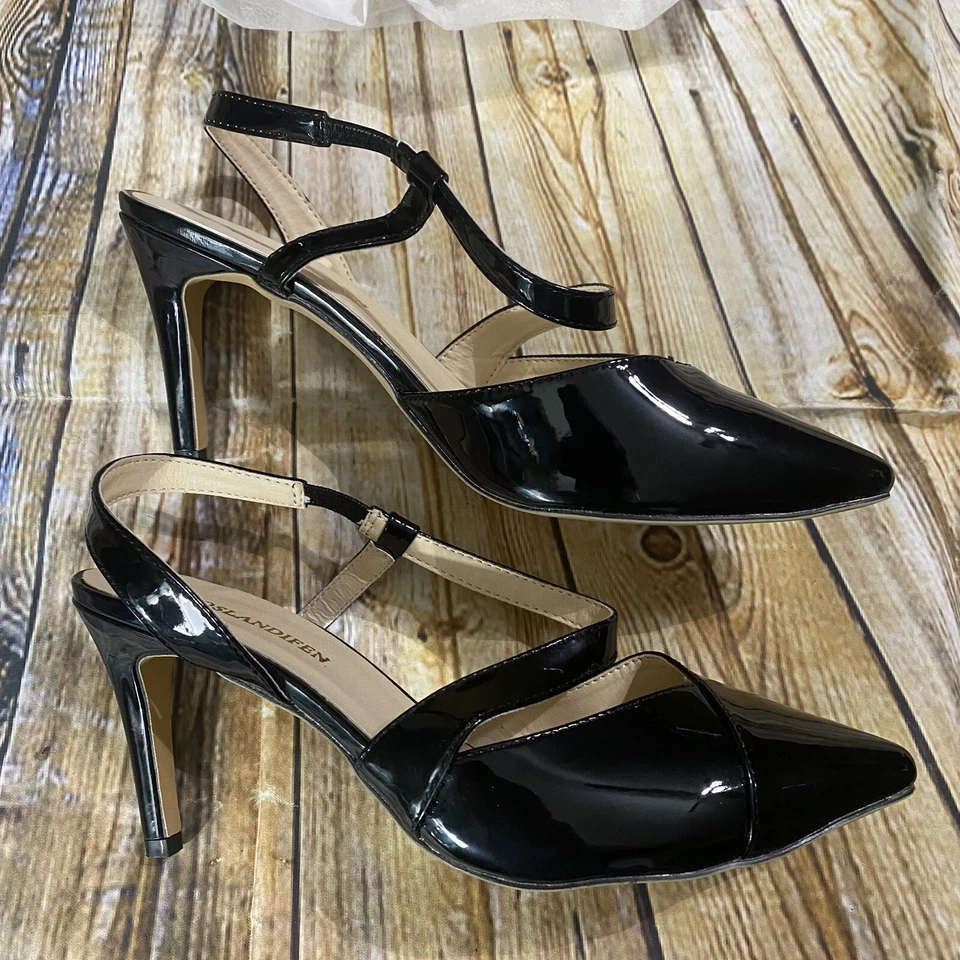 "Tacones de aguja Loslandifen para mujer talla Euro 37 charol negro 3 1/2""" Foto 3 de 4