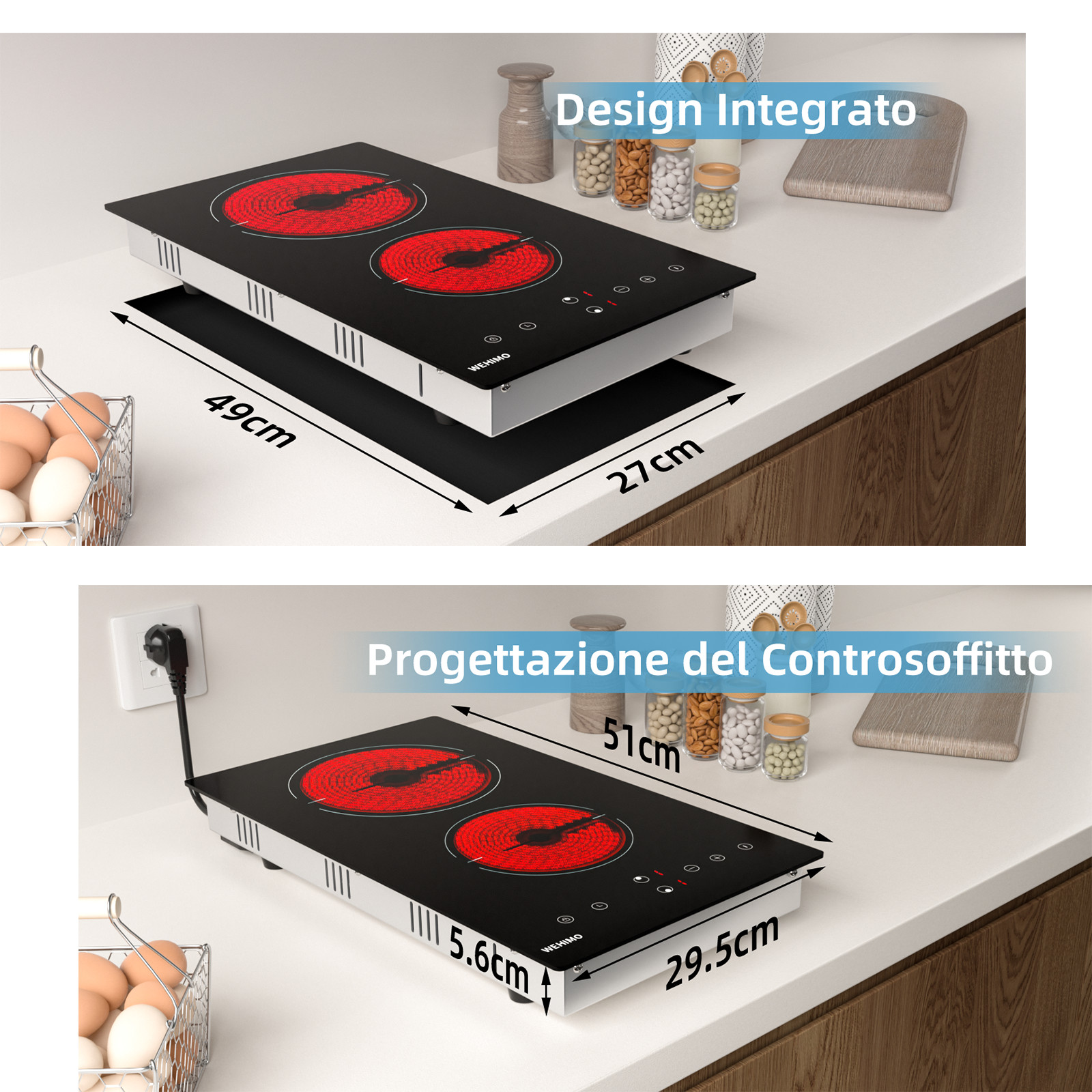 Fornello elettrico autonomo in ceramica da 30 cm senza cornice touch 2 zone
