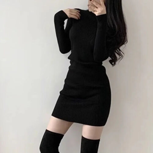 Womens Turtleneck Knitted Sweater Jumper Dress Casual Party Bodycon Mini Dresses - Picture 5 of 26