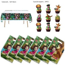 MASHA AND THE BEAR PARTY SUPPLIES TABLECLOTH CUPCAKE TOPPERS GOODIE BAGS