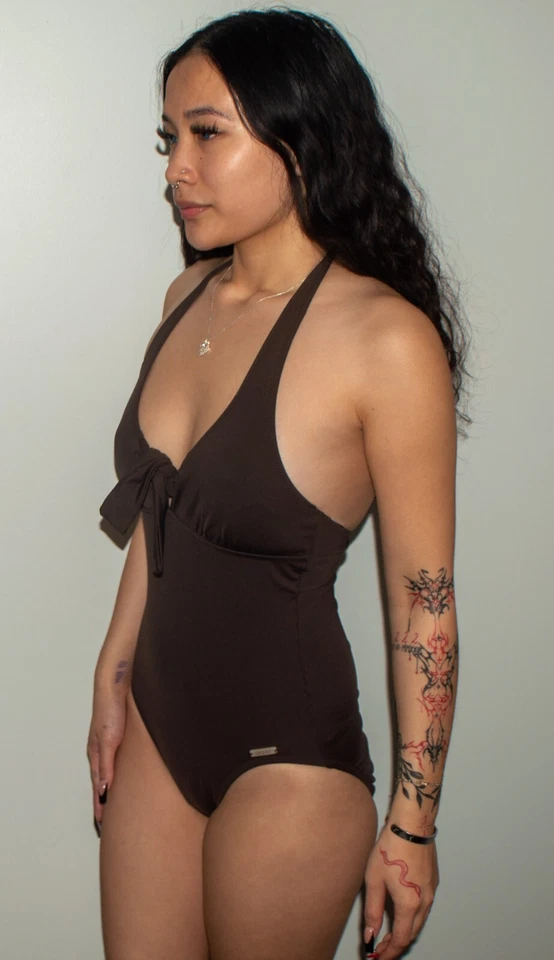 Traje de baño halter DKNY marrón liso 1 pieza talla 6 Foto 2 de 4