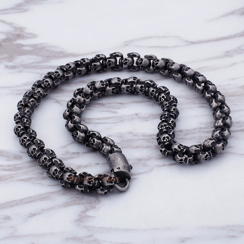 Pulsera/Collar Eslabones Calavera Sólidos Hipoalergénico Acero Inoxidable Tono Gunmetal Foto 3 de 4
