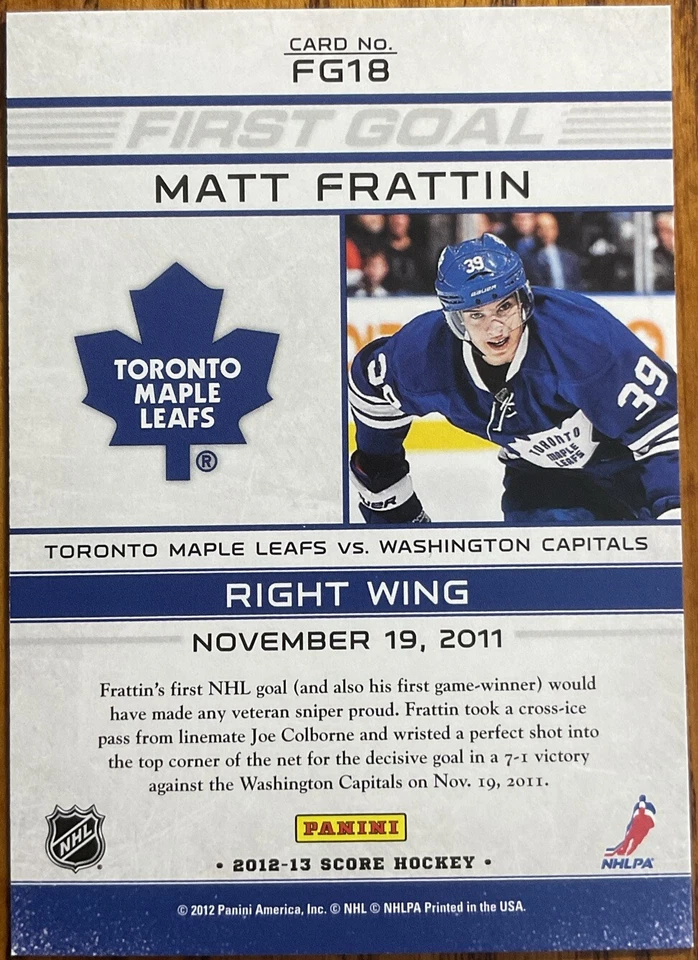 2012-13 Score First Goal Matt Frattin #FG18 Toronto Maple Leafs - Image 2 of 2