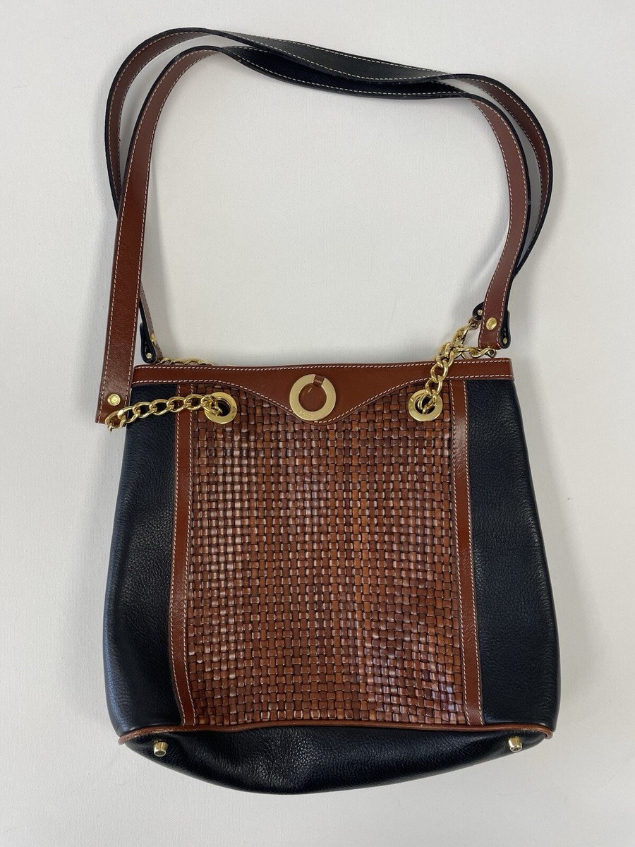 Bally Leather Gold Chain Two Tone Black & Brown Woven Medium