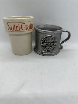 Vintage Nutri Grain Wilton 2 Pc.Pewter Mug Porcelain Cup Coffee Tea Advertising