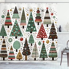 Christmas Shower Curtain, Simple Starry Woodland Pine Trees Pattern with Dots...
