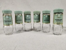 Vtg Glass Spice Jars McCormick Sage Green Cardamom Saffron Peppercorns 6 Empty 