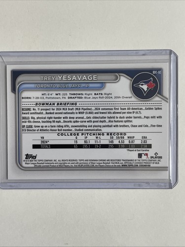 Trey Yesavage 2024 Bowman Draft Sapphire #BDC-92. Toronto Blue Jays. - Picture 2 of 7