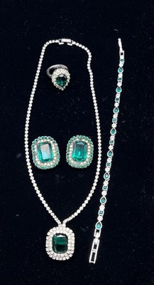 Vintage Emerald Green CZ Necklace Set with Earrings, Ring and Bracelet Jewelry