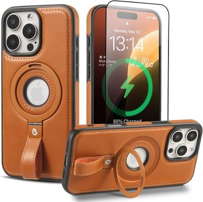 Leder MagSafe Grip Case Ständer Fingerschlaufe + Glas iPhone 16 Pro Max 15 /S25