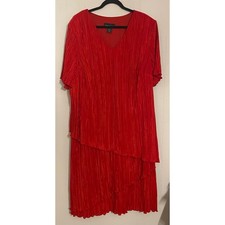 Candy Red Drop Waist Short Sleeve Layered Crinkle V-Neck Midi Dress 24 Lagenlook