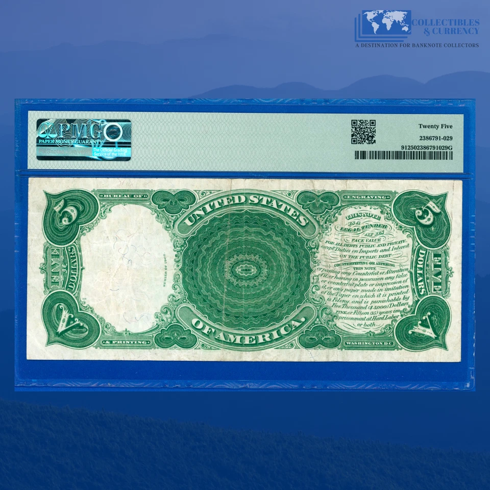Fr.91 1907 $5 "WOODCHOPPER" Legal Tender Note PCLIC ERROR, PMG VF 25 #28400 - Image 2 of 3