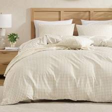 Gingham Duvet Cover Full Size, Cream Beige Checkered Plaid Bedding Set, 3 Pieces
