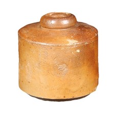 Antique Brown Salt Glazed Stoneware Inkwell Pork Pie Penny Ink Bottle Crockery