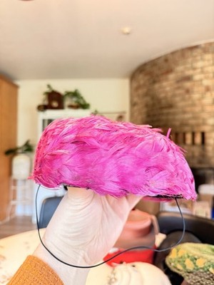 Vintage 1950s Hot Pink Feather Cocktail Hat Fascinator Tilt Hat Statement Piece