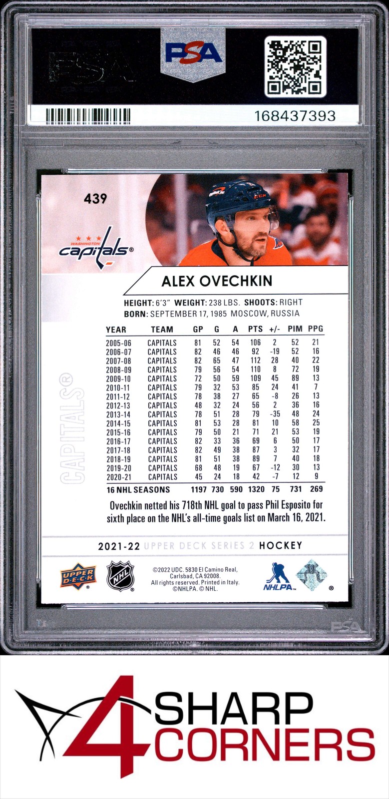2021 UPPER DECK #439 ALEX OVECHKIN CAPITALS PSA 9 view 2