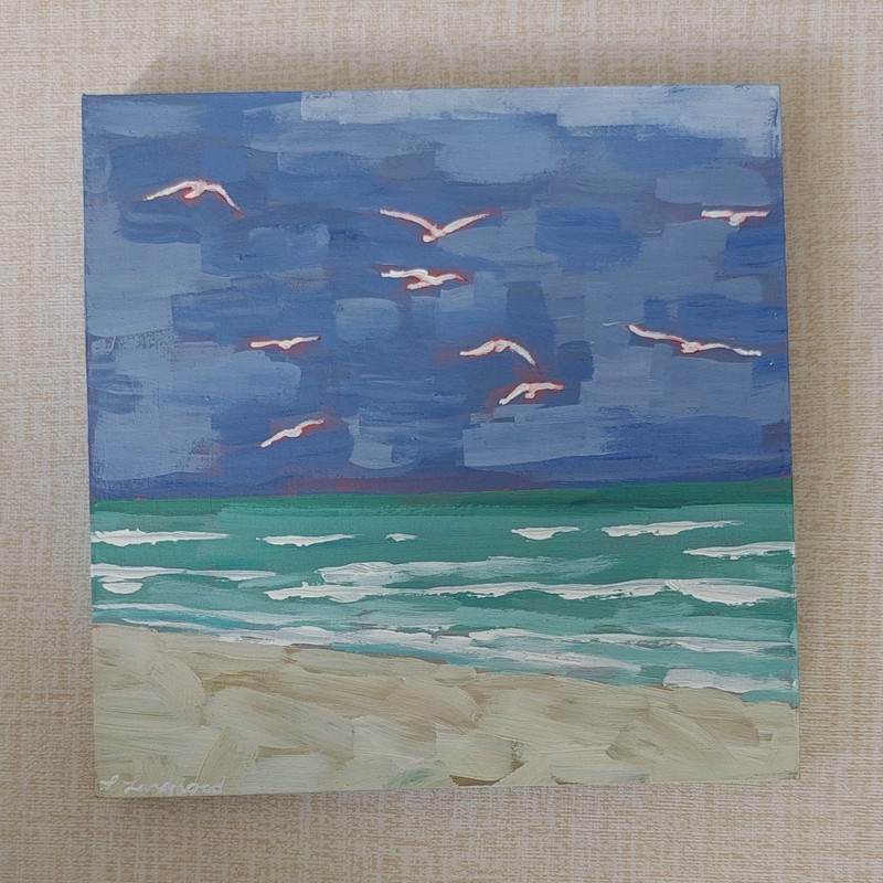 Original Beach Painting Seagulls Ocean Waves 8x8 Acrylic on Wood Panel Art