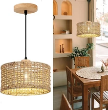 Rattan Pendant Lights Kitchen Island 12" Hand Woven Wicker Hanging Lighting F...