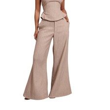 PRETTYLITTLETHING Beige Pinstripe Wide Leg Pants Women's Size 6 NEW