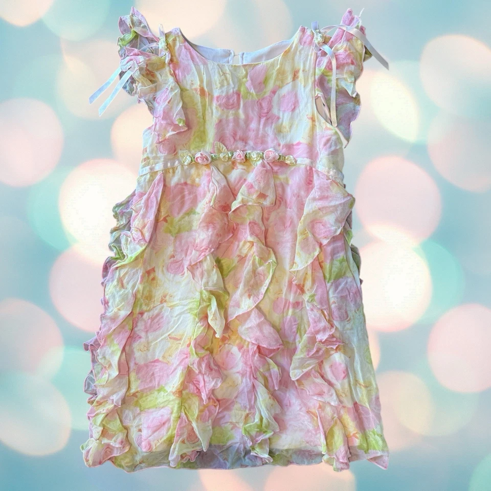 Biscotti Girl’s Pink Green Floral Ruffle Silk Spring Formal Dress Size 6X - Image 3 of 4