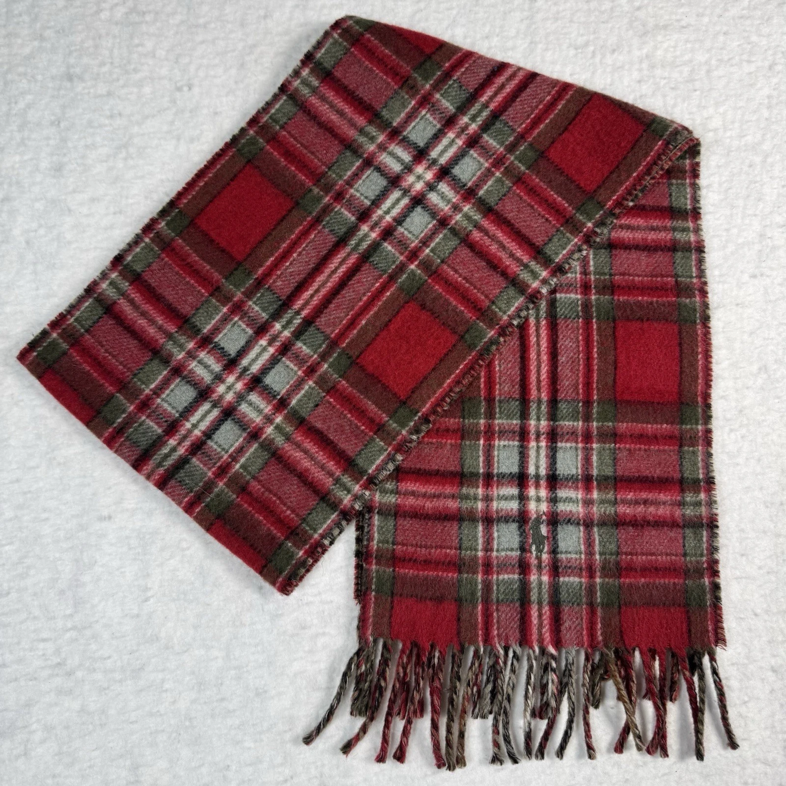 VTG POLO RALPH LAUREN Red Tartan Plaid Lambswool Scarf Reversible Italy