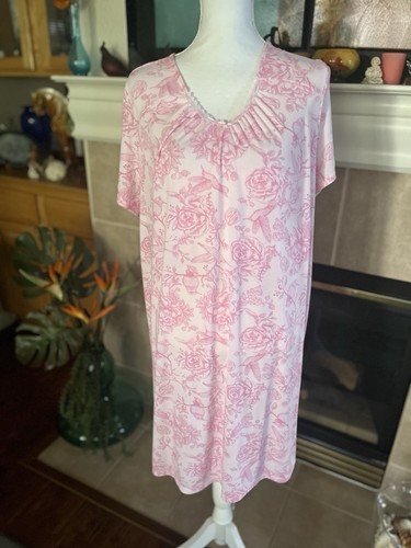 Adonna Nachtwäsche Polyester Viskose V-Ausschnitt Kleid XL rosa geblümt mit Vögeln - Bild 5 von 13