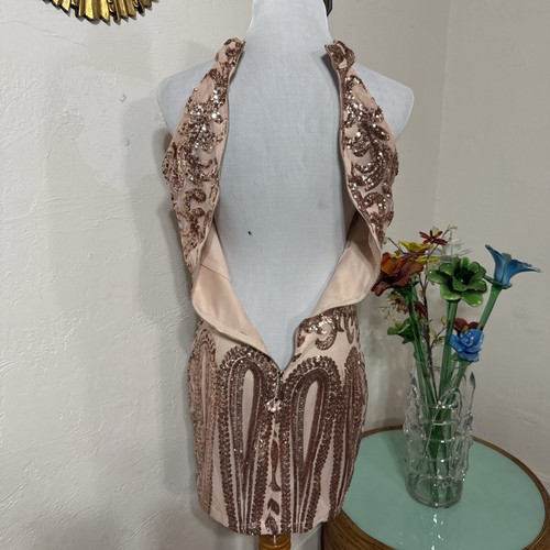 Heiß Miami Styles Mini Gold Pailletten über Knie Bodycon Reißverschluss Neckholder Kleid M - Bild 10 von 20