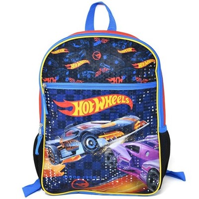 Large Backpack - Hot Wheels Sport Race Car Blue Navy Front-Pocket 16'' School Bag