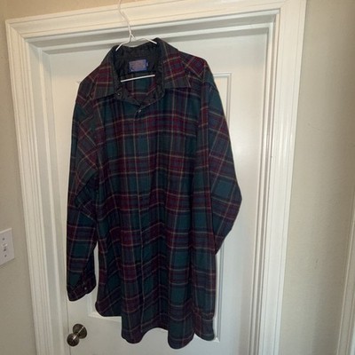 Pendleton  Shirt Men Green Red Blue Plaid Long Sleeve XL TALL 100% Virgin Wool