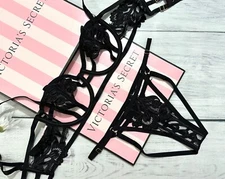 Victoria's Secret Strappy Embroidered Open Cup Balconette Bra Set Black