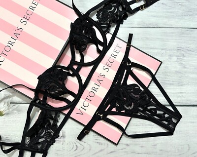 Victoria's Secret Strappy Embroidered Open Cup Balconette Bra Set Black