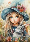print ACEO Art Card Rabbit Girl Garden Flower Bunny Animal Limited Edition