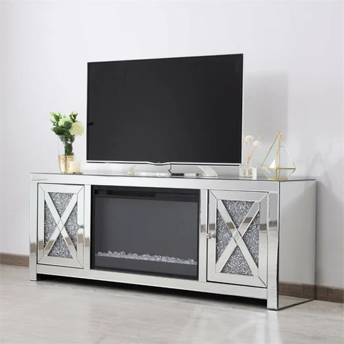 Elegant Decor Modern 2 Door 59" Clear Silver Mirrored Crystal Fireplace TV Stand - Picture 10 of 10