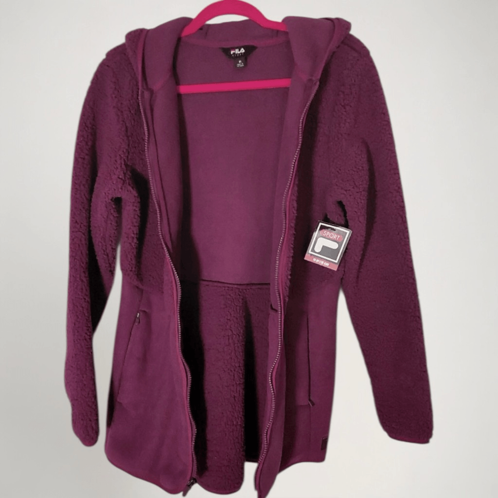 Giacca felpa con cappuccio pile prugna Fila Sport M donna zip morbida foderata sherpa Y2K accogliente