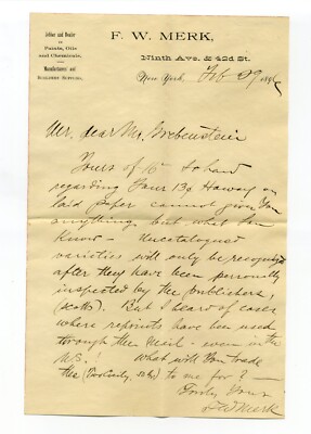 Antique 1896 business letter F.W. Merk, 588 9th Avenue NY, Frankfort Color Works