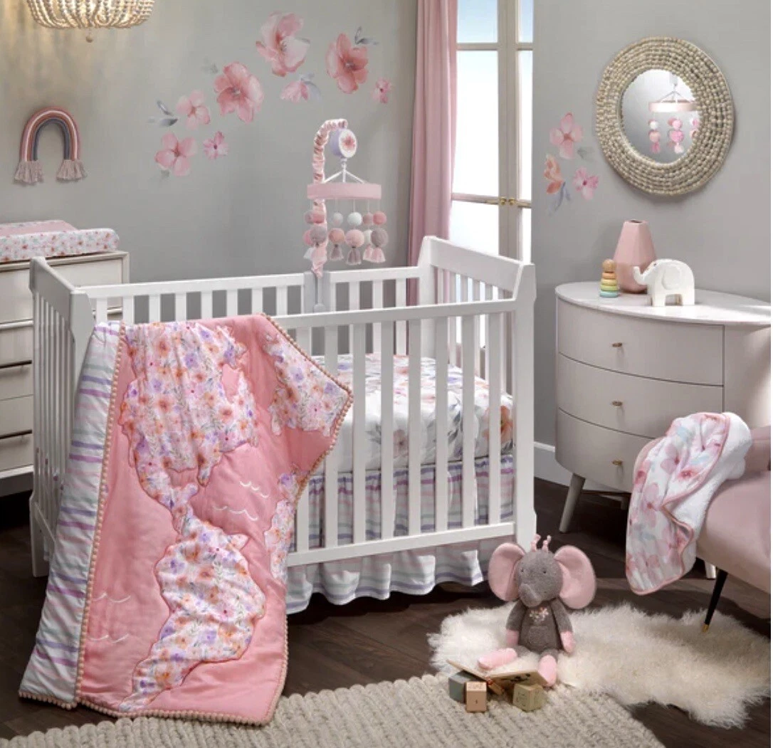 Girls Rule The World Pink Floral 4-piece Crib Baby Bedding Set