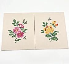 Vintage Completed Cross Stitch Flowers Set Of 2 Unframed Mounted Linen 10x 12”