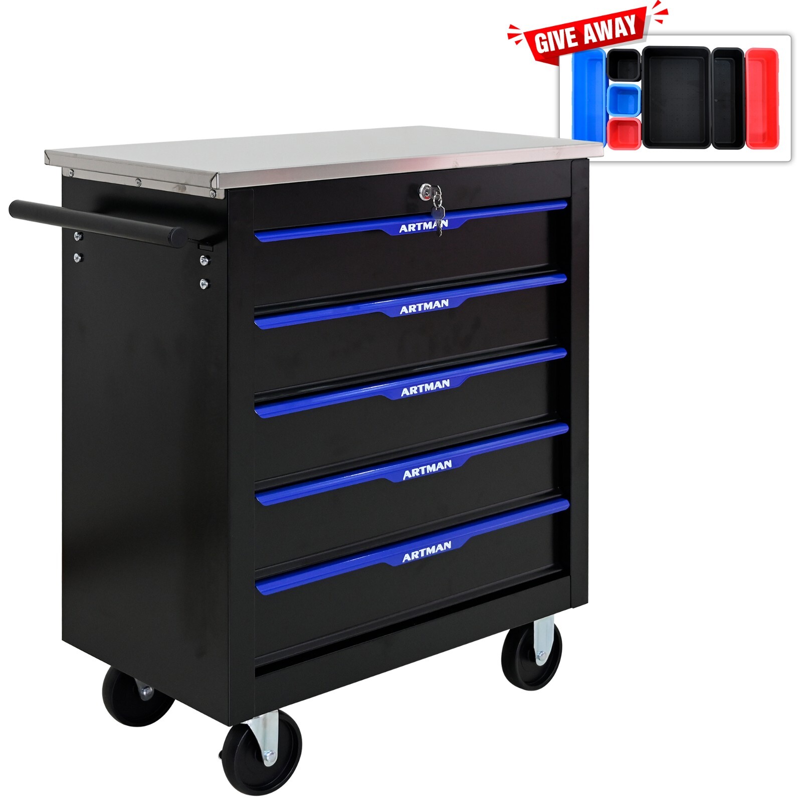Lockable 5 Drawers Rolling Tool Box Cart Tool Chest Storage Cabinet Wheels Metal