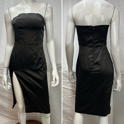 Meshki Women's Small Black Strapless Satin Stretch Slit Pencil Cocktail Dress