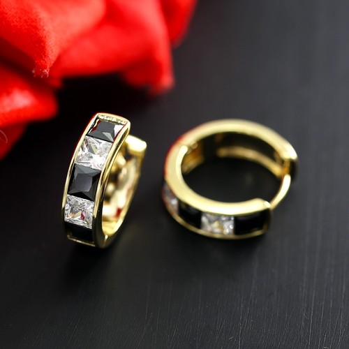 9K GOLD FILLED BLACK PRINCESS CUT CRYSTAL BAND MENS WOMENS HOOP HUGGIES EARRINGS - Picture 7 of 7