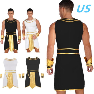 US Men Ancient Greek Roman Toga Costume Halloween Egyptian Pharaoh King Dress Up