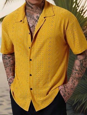 Camisas de Hilo Para Hombres Camiseta Naranja Manga Corta Verano Elegante Informal - Imagen 1 de 4