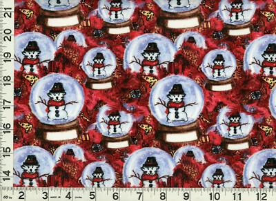 Animal Snowmen Snow Globes on Red Christmas Quilting Fabric 1/2 Yard #3060
