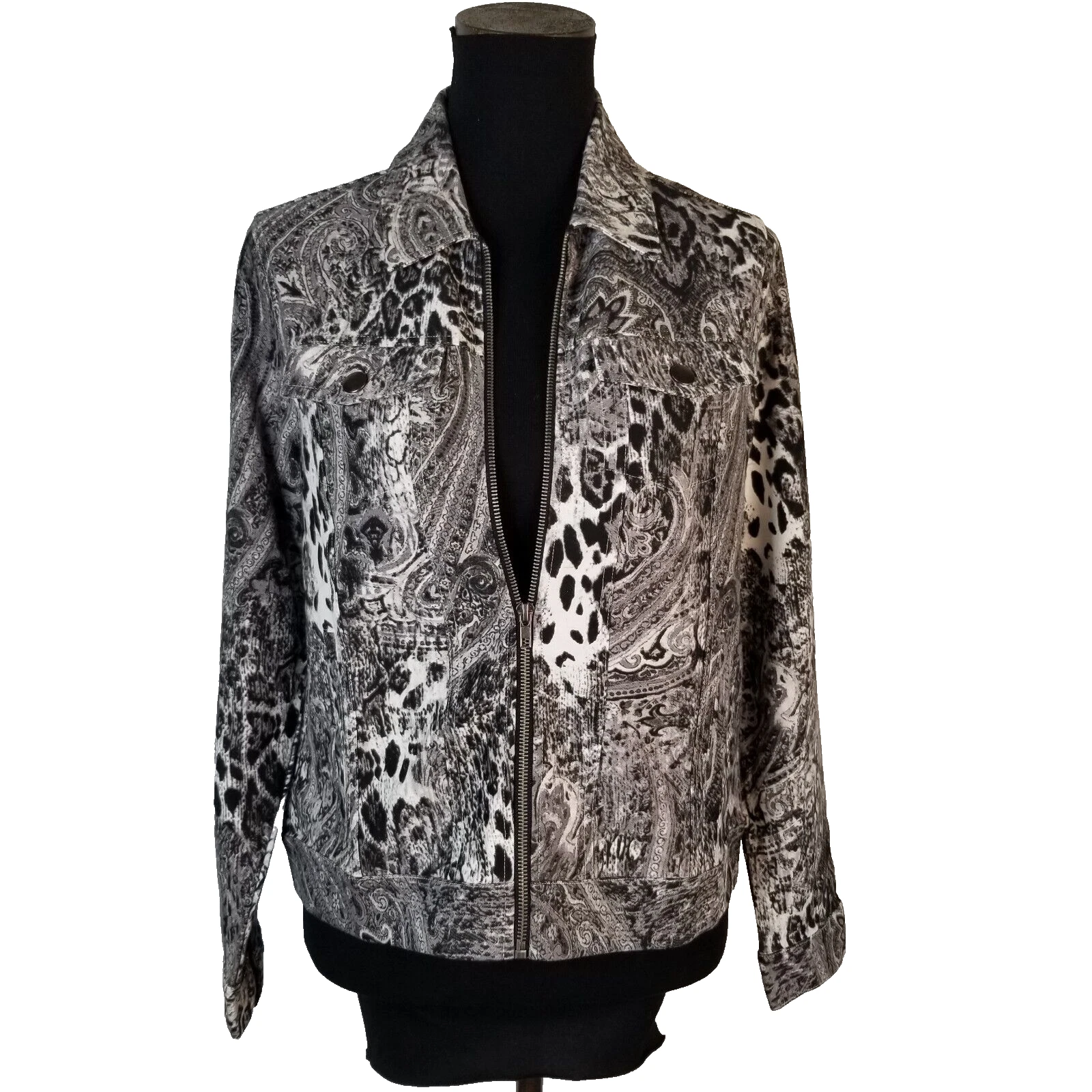 VETEMENTS Giacca Simply Noelle nera avorio full zip taglia XS 4 6 tasche anteriori animali rettile